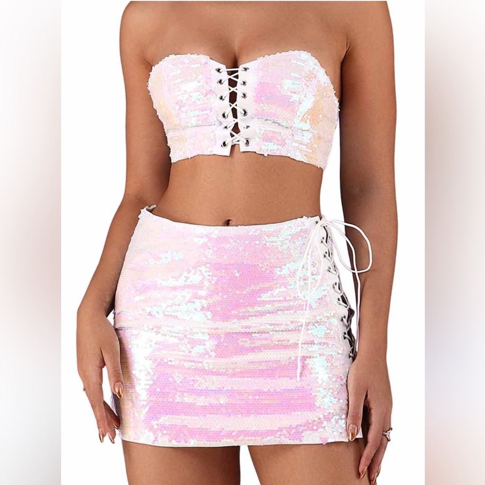 Pink Sequin Lace-Up Skirt